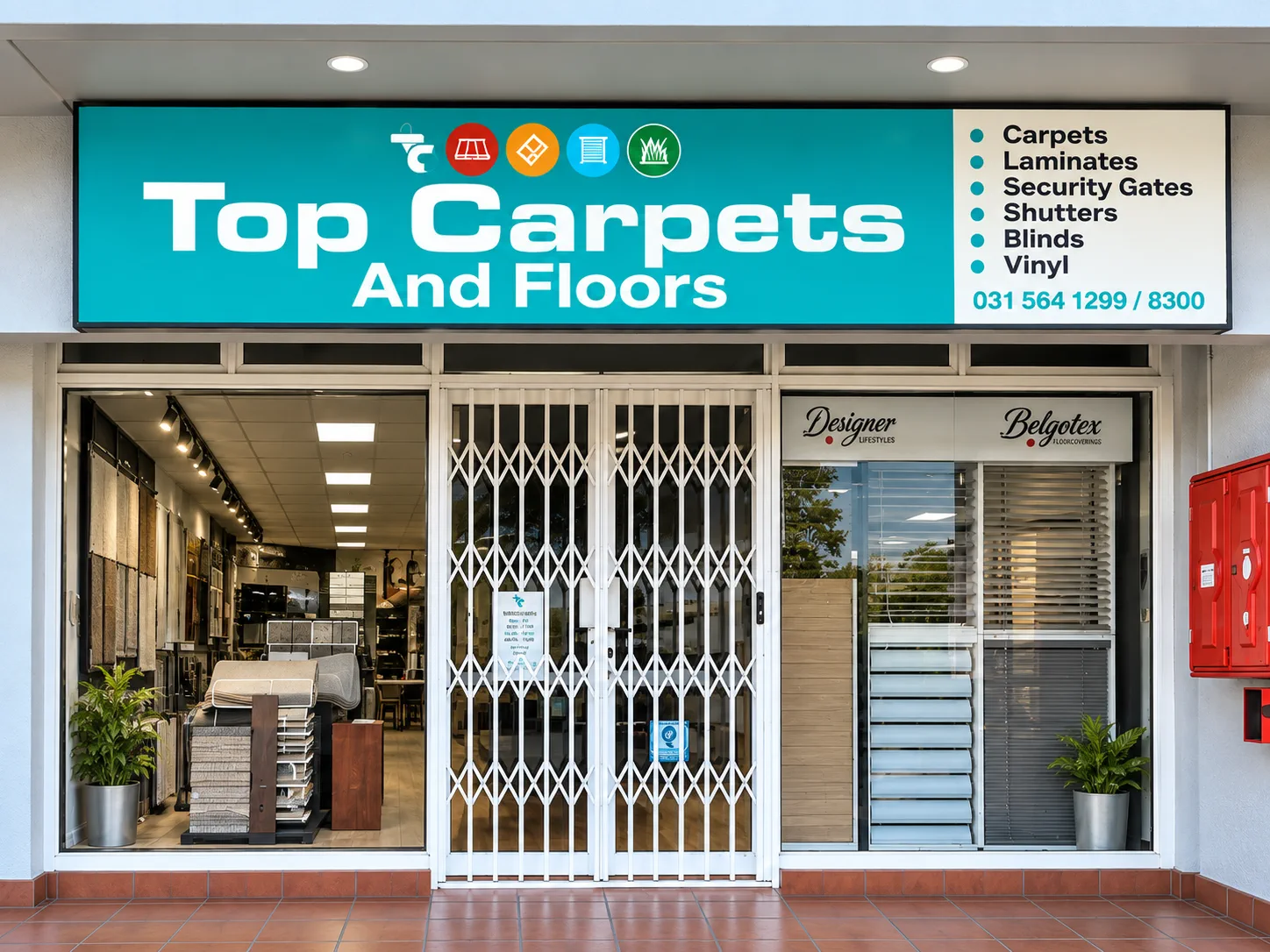 Top Carpets and Floors Durban North storefront with a teal sign, glass entrance and flooring displays.
